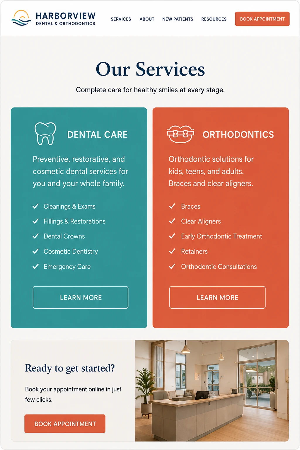 Services page differentiating dental and orthodontic care