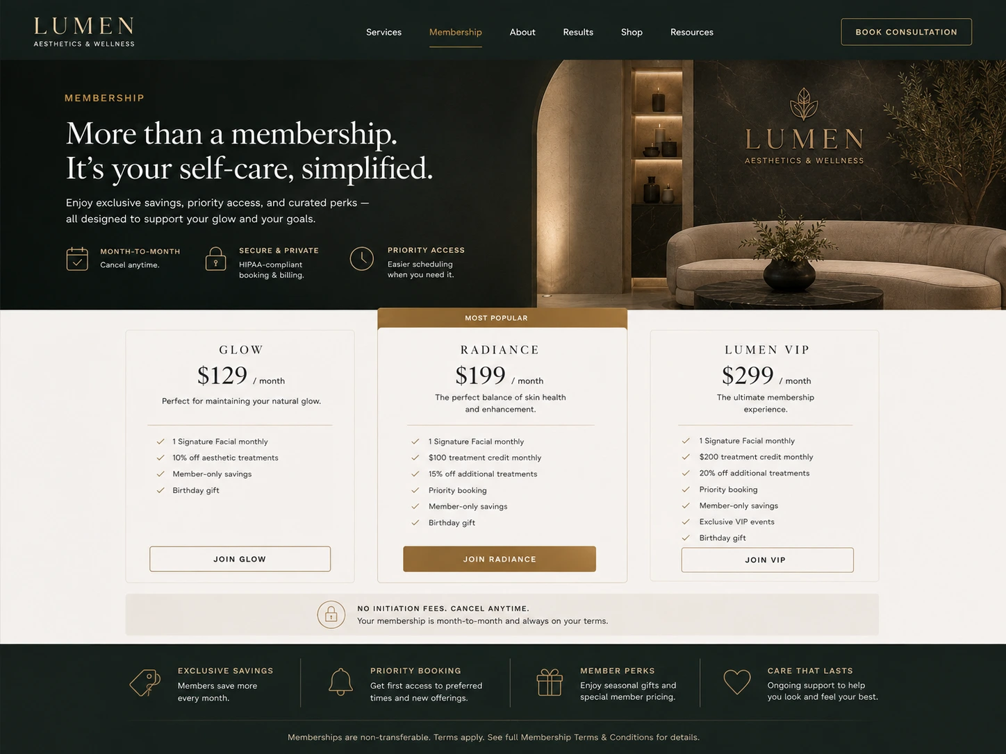 Membership and pricing page with clear tiers