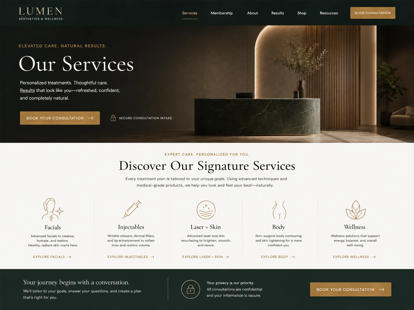 Service menu across facials, injectables, and laser