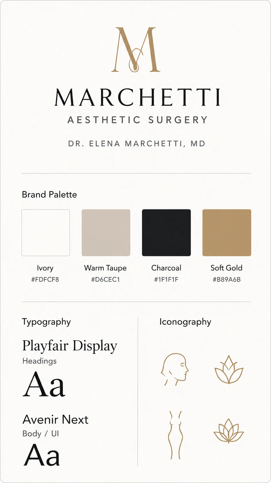 Brand board: monogram, palette, and type